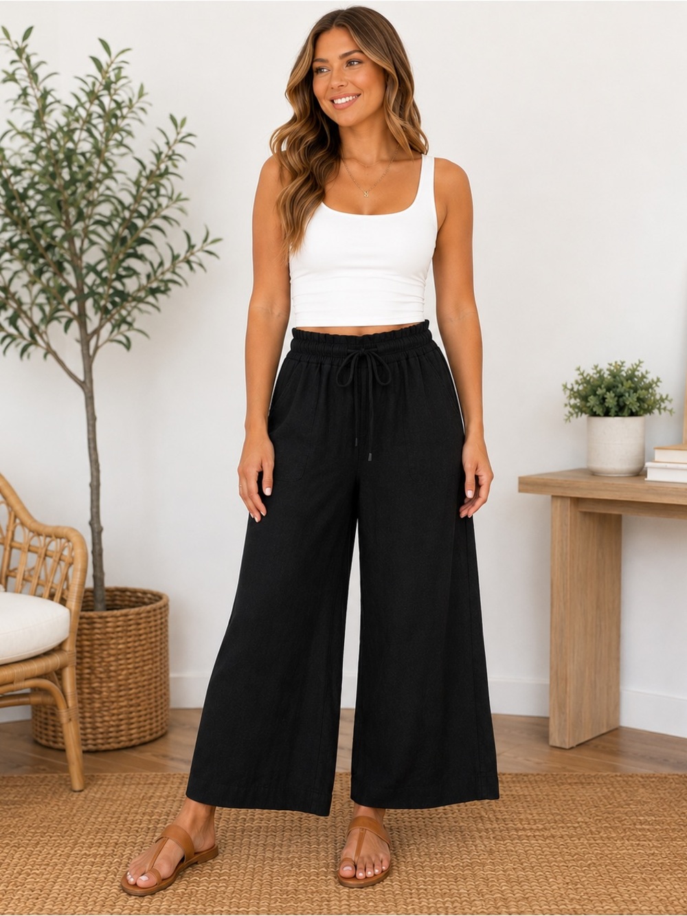Rewind Black Linen Blend Wide Leg Pull-On Pants Size Small Drawstring Waist